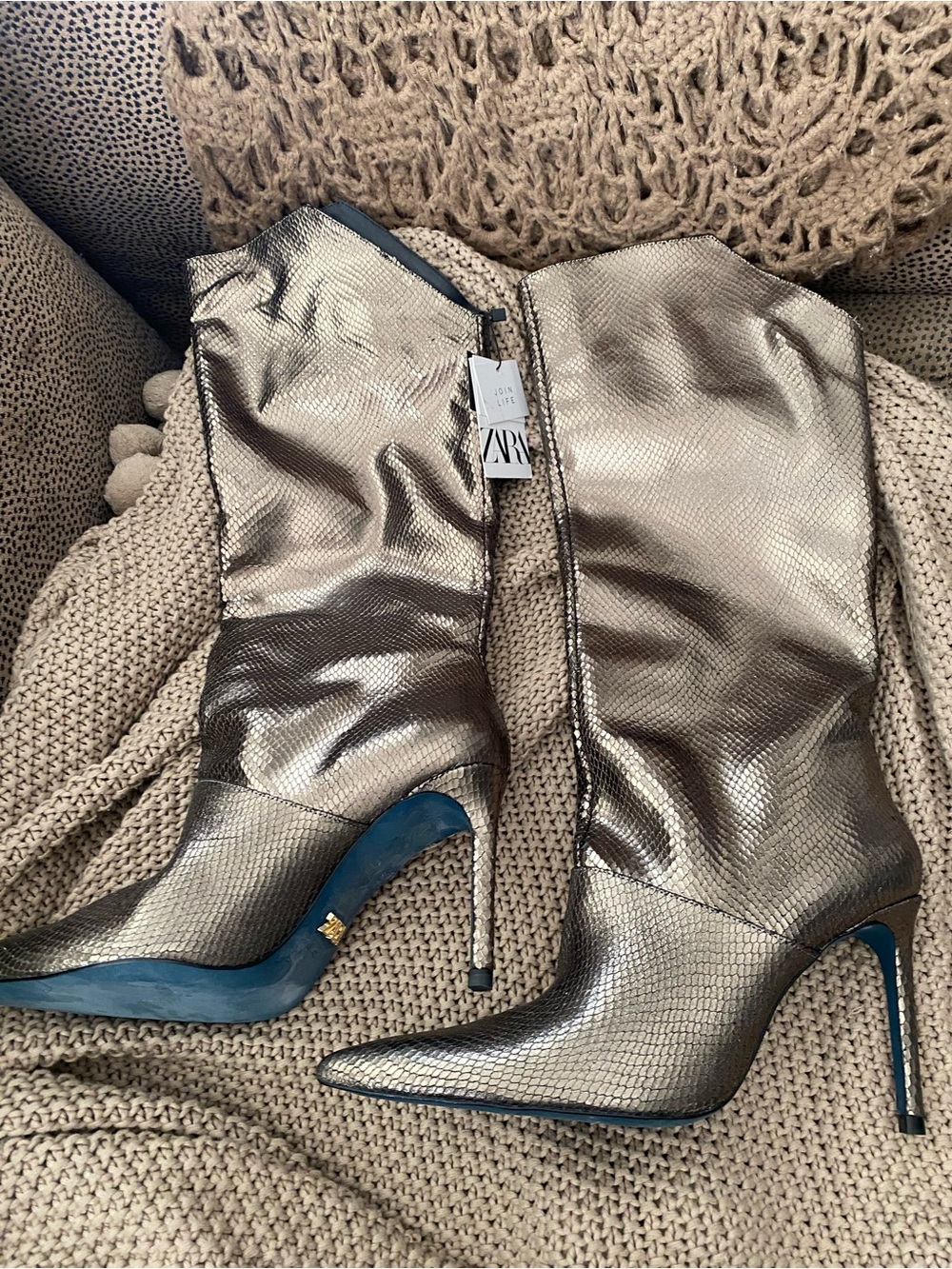 Zara Blue collection snakeskin metallic  leather boots 40 9 NEW